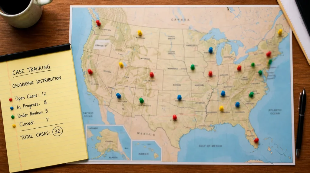 Map showing distribution of active sweepstakes casino lawsuits across states