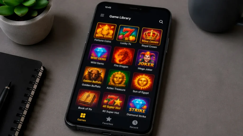 Android sweepstakes casino app interface with game library displayed