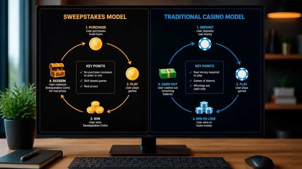 Revenue model comparison between sweepstakes casinos and real-money online casinos