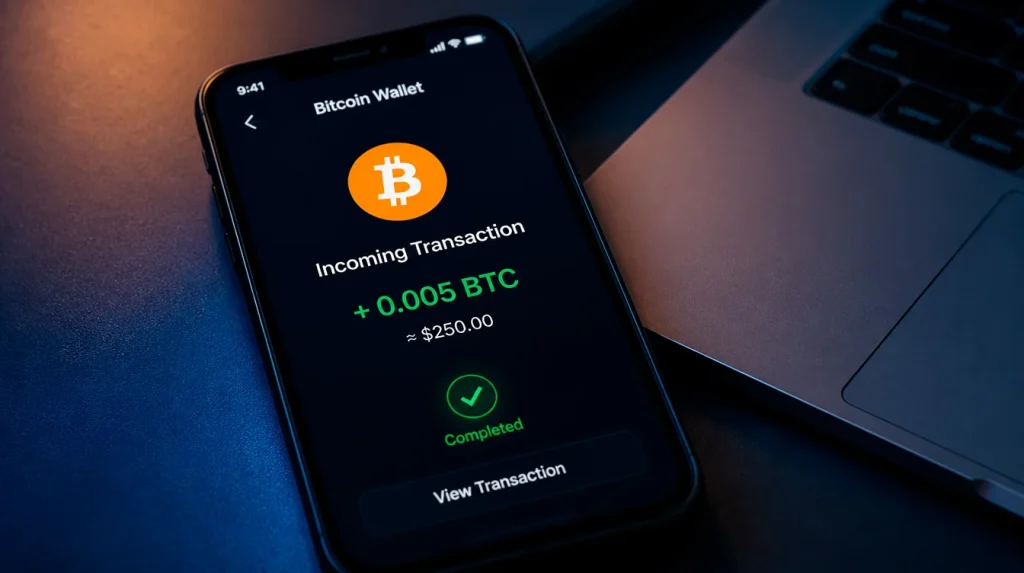 Cryptocurrency wallet receiving a sweepstakes casino payout in Bitcoin