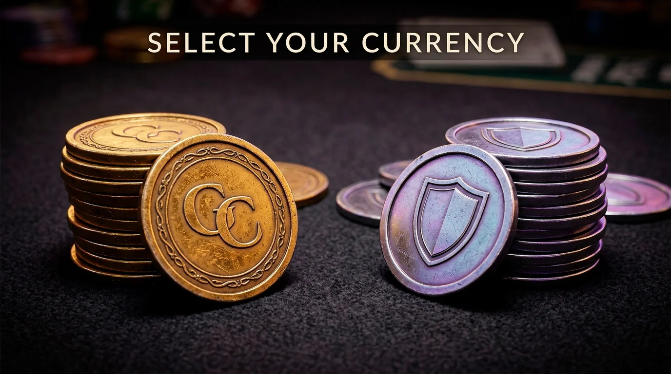 Dual currency system showing Gold Coins for play and Sweeps Coins for redemption