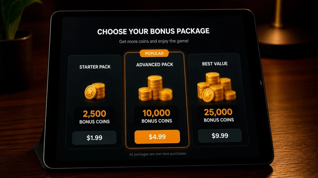 First-purchase bonus package tiers at a sweepstakes casino showing Gold Coin and SC amounts