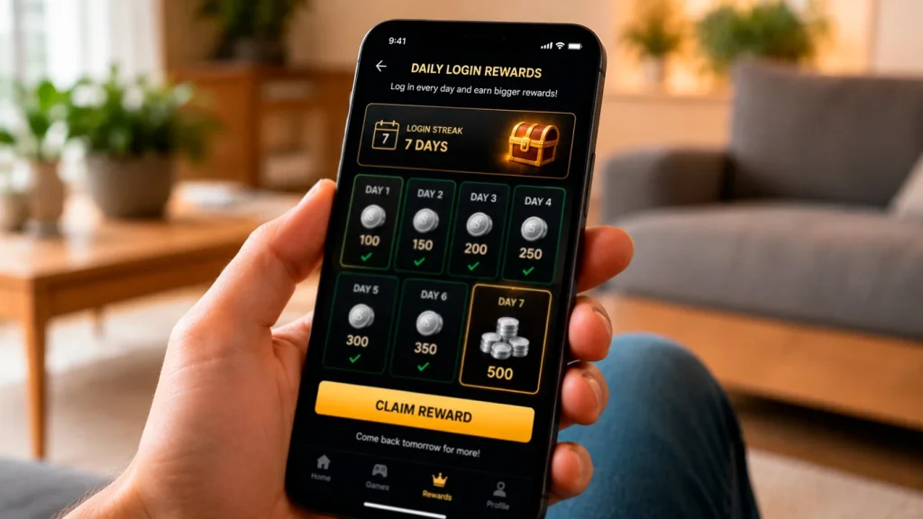 Daily login reward screen at a sweepstakes casino awarding free Sweeps Coins