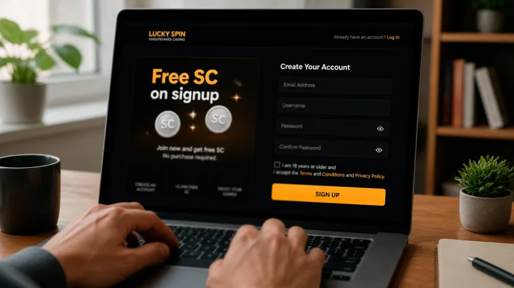 Sweepstakes casino registration page showing free Sweeps Coins offered at signup