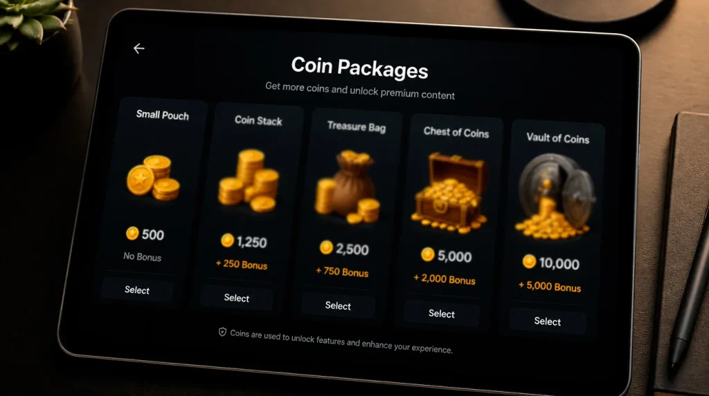 Tiered Gold Coin purchase packages at a sweepstakes casino with bonus Sweeps Coins