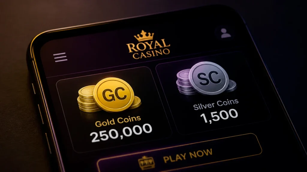 Gold Coins and Sweeps Coins displayed as two separate currency balances in a sweepstakes casino account