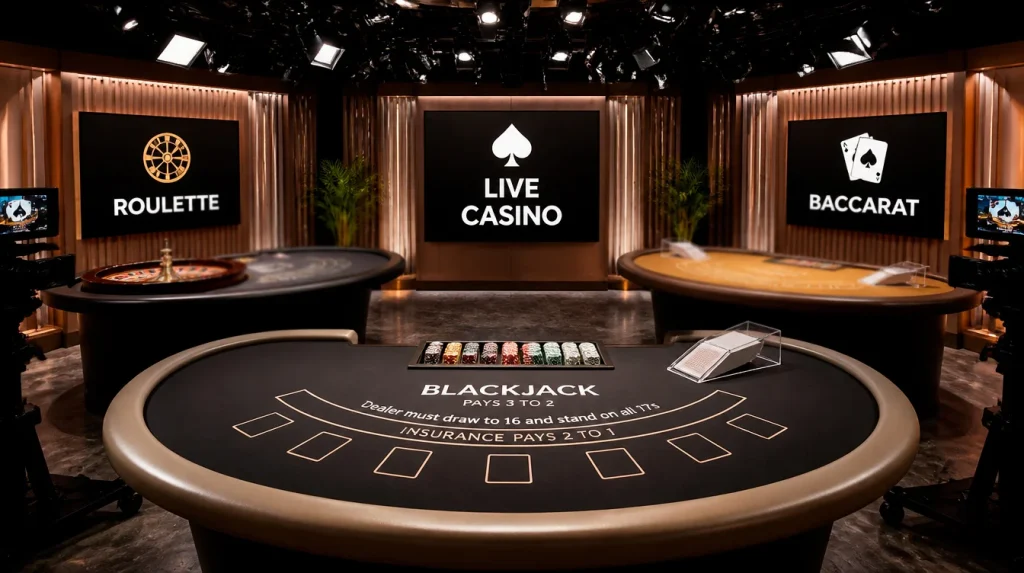 Professional live dealer studio with blackjack table and camera setup