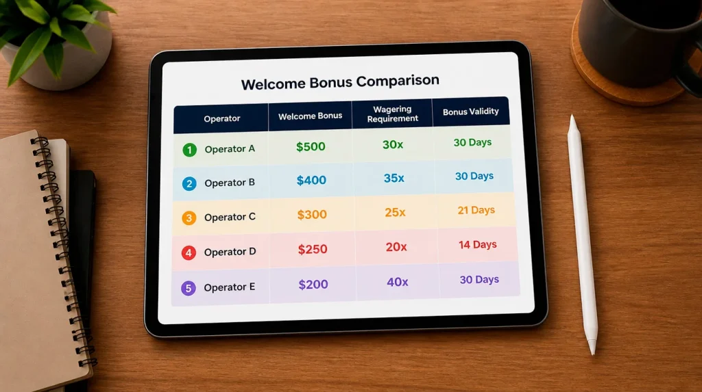 Operator-by-operator comparison of no-deposit SC bonus amounts
