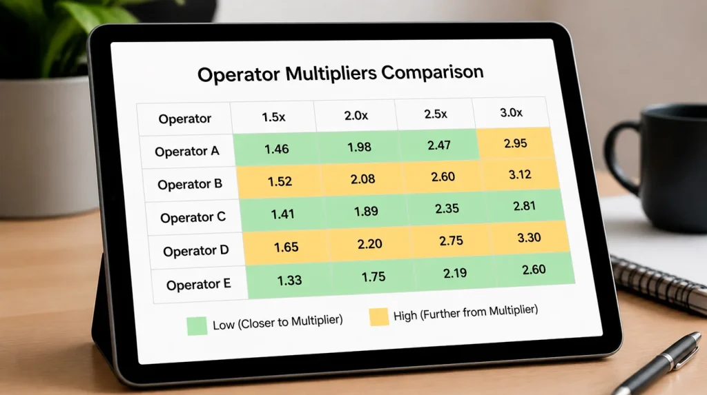 Playthrough requirement multipliers compared across sweepstakes operators