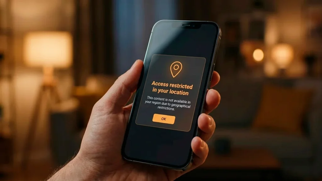 Sweepstakes casino account showing geolocation block notice in a banned state