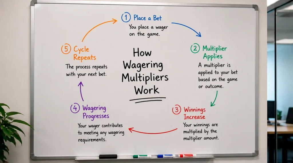 Playthrough multiplier diagram showing wagering requirement progression