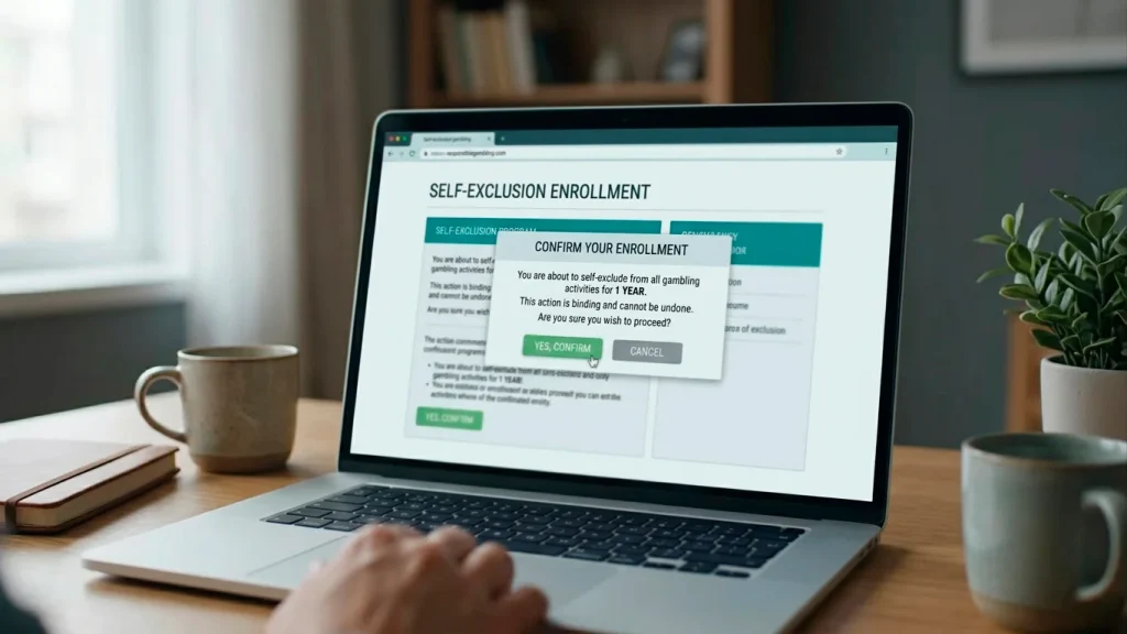 Self-exclusion enrollment process at sweepstakes casino platform