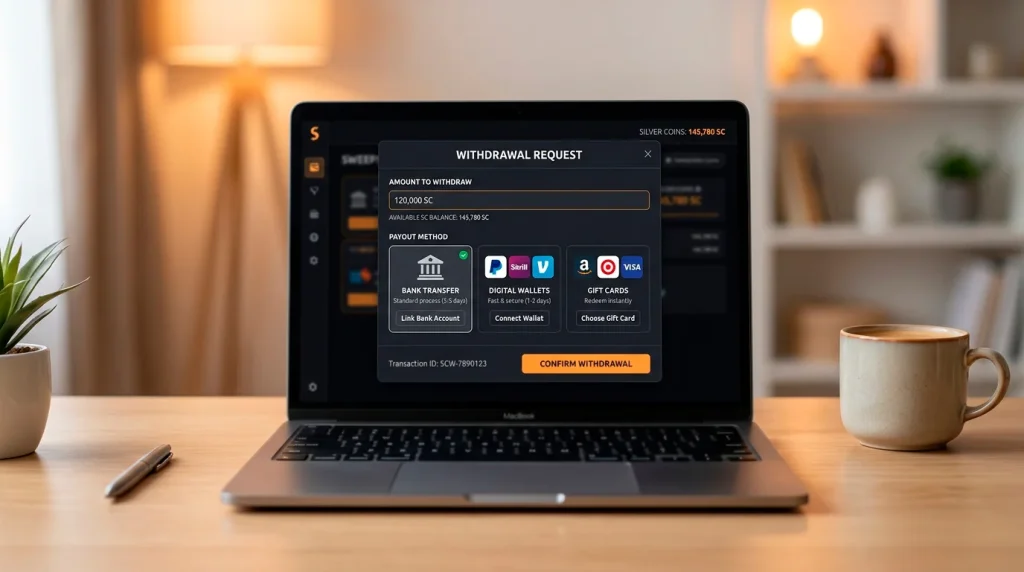 Sweeps Coins redemption screen showing payout method selection for cash prizes