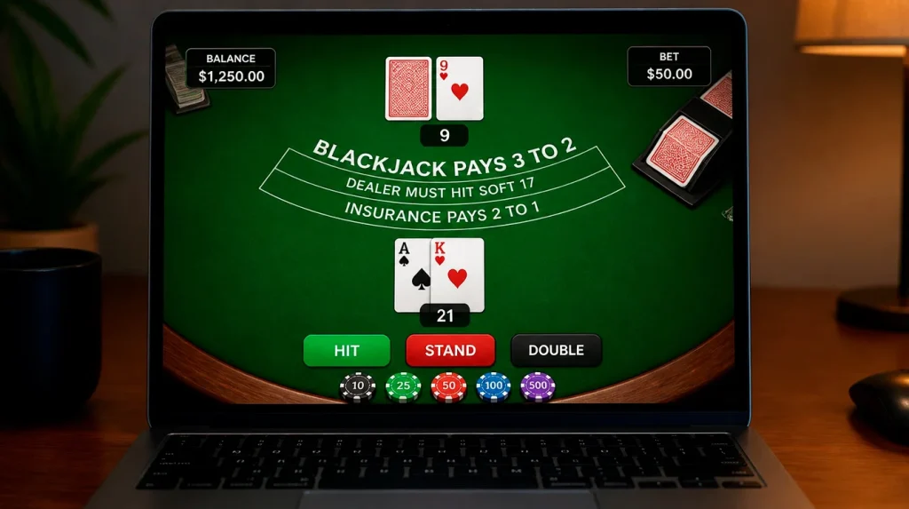 Blackjack card game table layout at sweepstakes casino with chip stacks