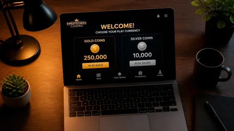 Sweepstakes casino dual-currency model showing Gold Coins and Sweeps Coins gameplay interface