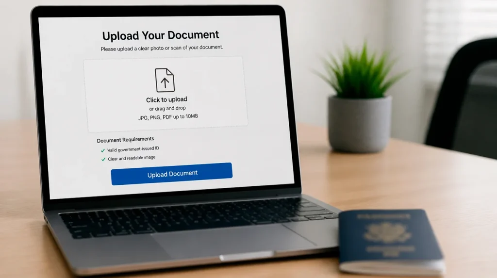 Identity document upload screen during sweepstakes casino KYC verification