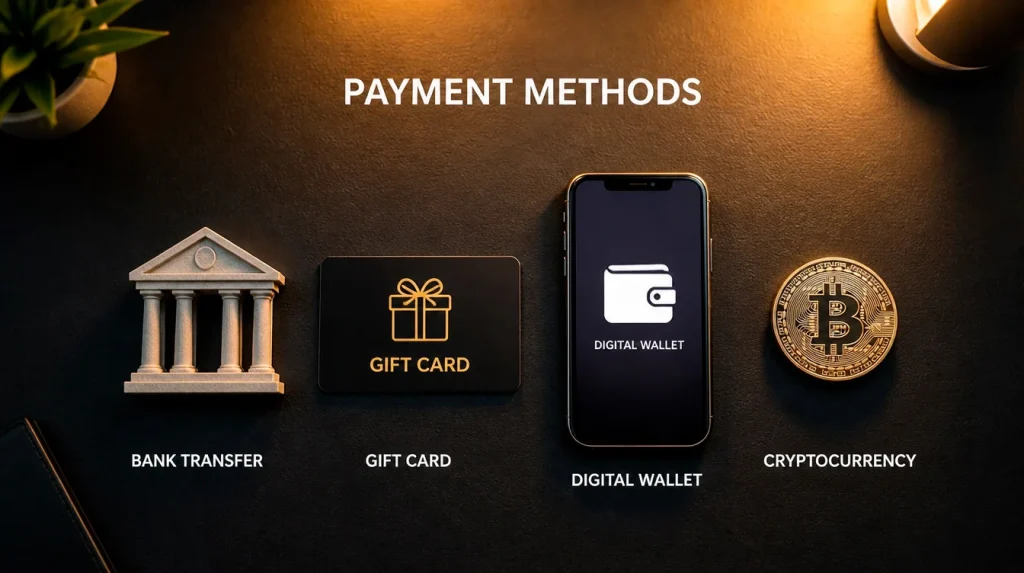 Sweepstakes casino payout methods overview showing ACH, gift cards, crypto, and PayPal options
