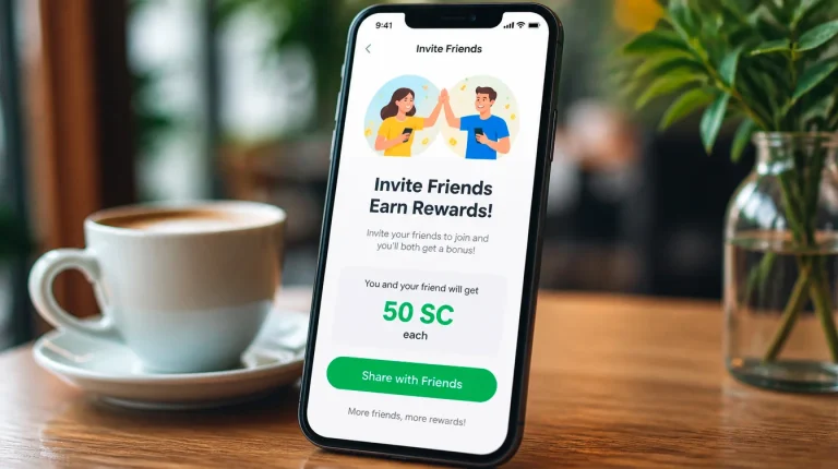 Friend invitation screen showing referral bonus Sweeps Coins at sweepstakes casino