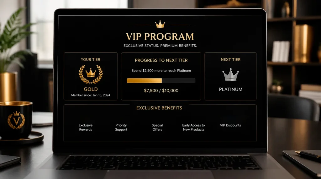 VIP tier status dashboard showing exclusive benefits at sweepstakes casino