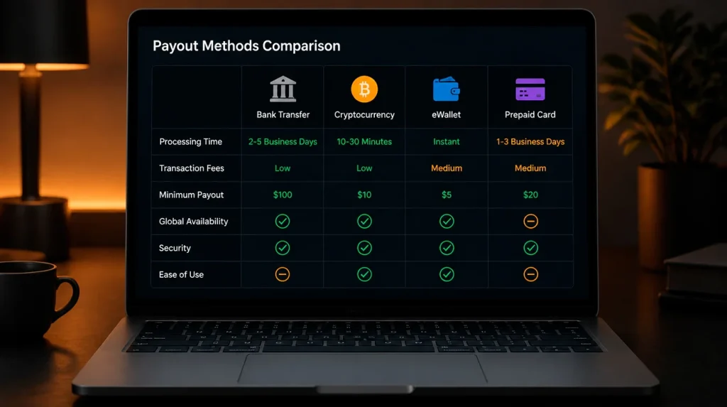 Comparison of sweepstakes casino payout options showing fees and processing characteristics