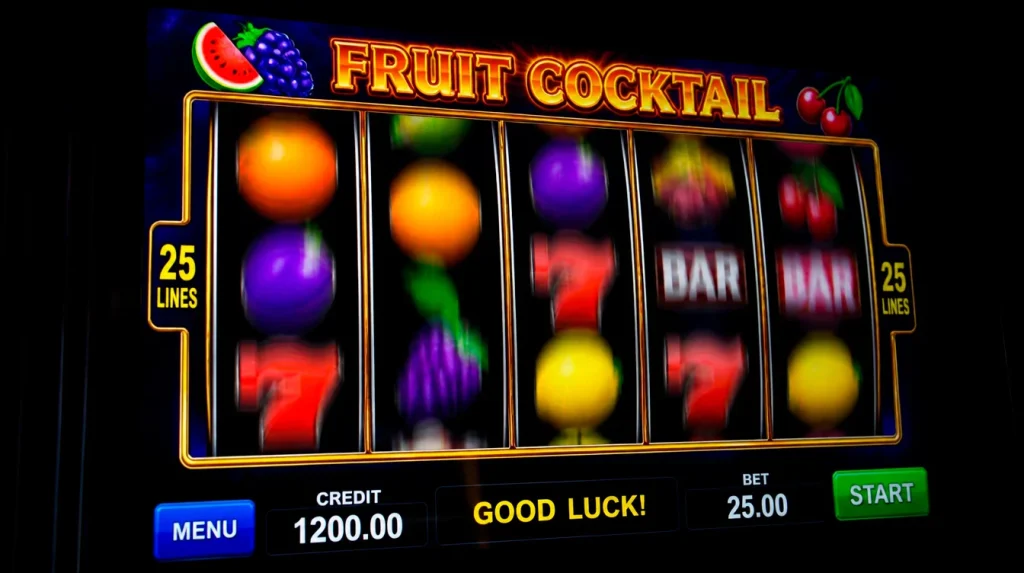Colorful slot game reels with themed symbols spinning on screen