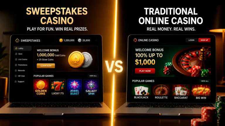 Side-by-side comparison of sweepstakes casino and real money casino showing key regulatory differences