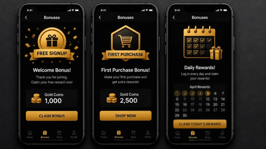 Three types of sweepstakes casino welcome bonuses including no-purchase signup and first-purchase offers